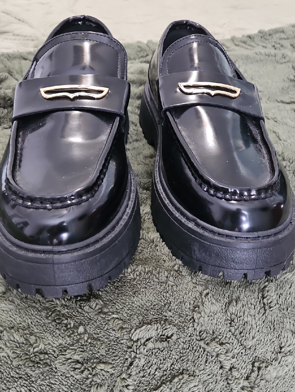 ASOS Black Patent Platform Loafers with Gold Detail